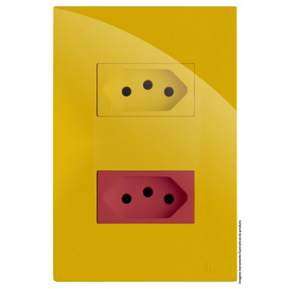 Conjunto Tomada Dupla 1 10a Mostarda + 1 20a Vermelho Horizontal 4x2 - RECTA MOSTARDA GLOSS